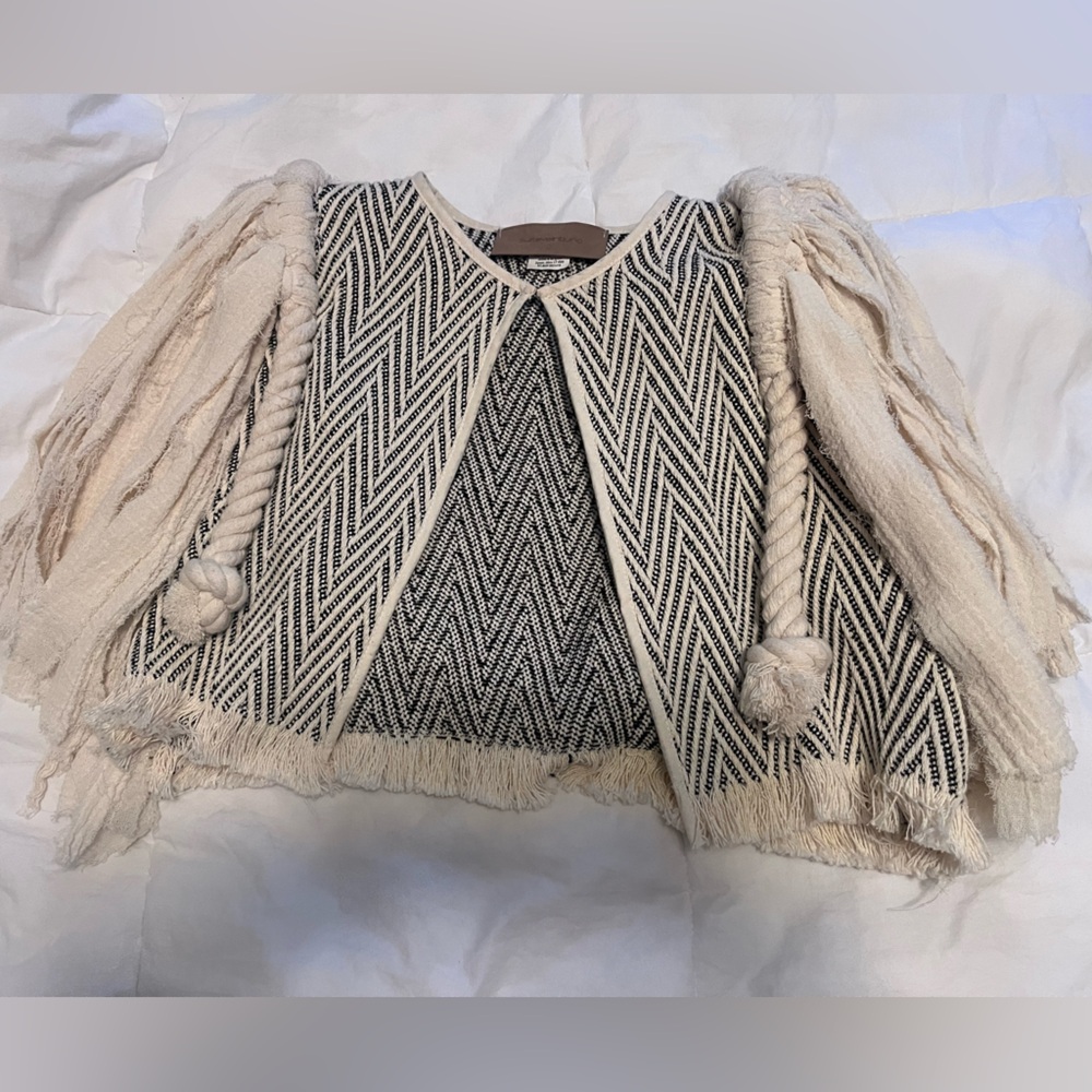 Hand made Fringed Cream and Black Patterned Vest